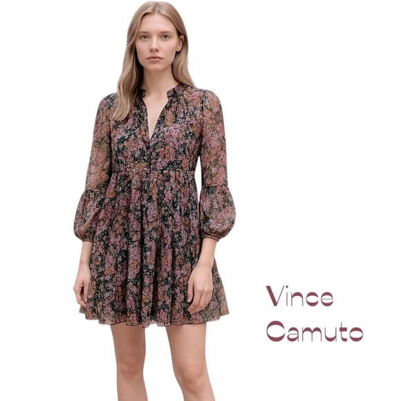 Vince Camuto Sheer Black Floral Ruffled Tiered Boho Chic Cottage Dress Size XS - Picture 1 of 12